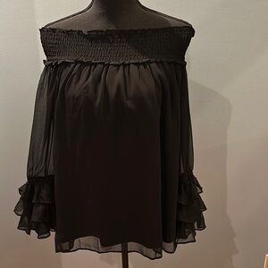 CeCe Black Smocked Bell Sleeve Blouse